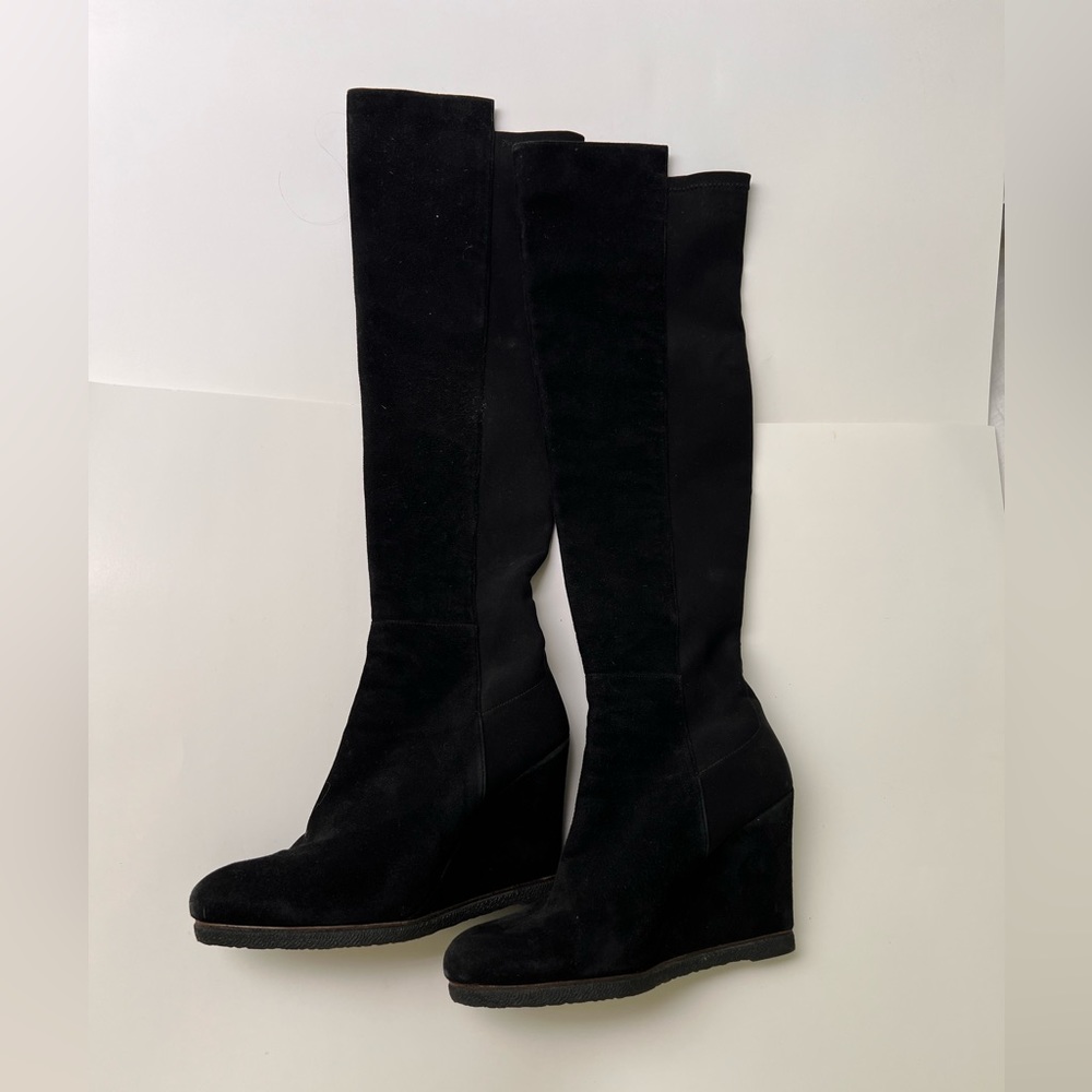 Stuart Weitzman black suede knee high platform boots